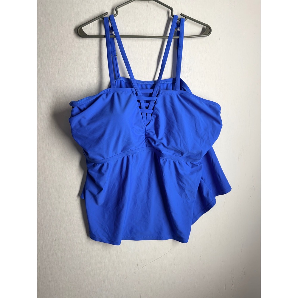 Time and Tru Blue Tankini Top 2X 20W-22W Strappy Lattice Ruffle Swimsuit